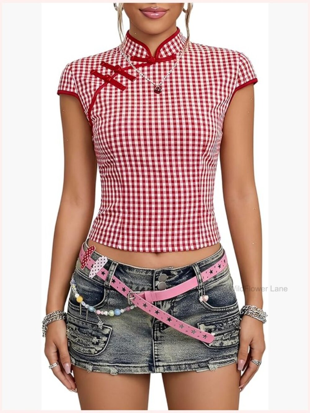 Crop Top Blouse, Cap Sleeve Mock Neck, Gingham Plaid, Y2K Dinner Date Top